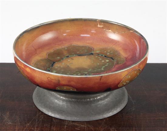 A William Moorcroft Eventide pattern pewter footed bowl, c.1925, diam. 18.5cm, rim repaired